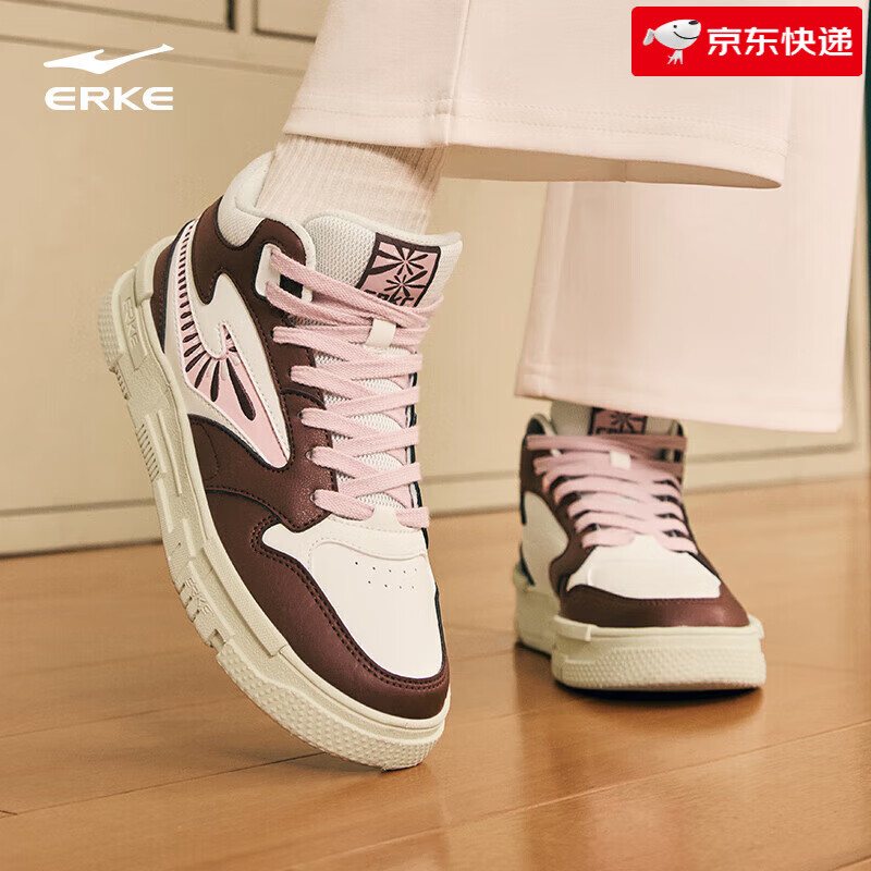 鸿星尔克木兰2 女鞋高帮板鞋休闲鞋子百搭秋冬季新款增高厚底复古运动鞋女 微晶白/摩卡棕 38