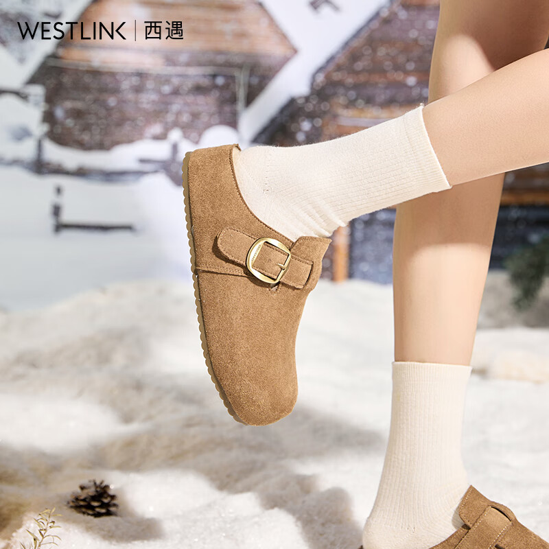西遇（Westlink）厚底加绒勃肯鞋女冬季新款一脚蹬包头半拖鞋外穿毛毛棉拖 卡色 38 (240)