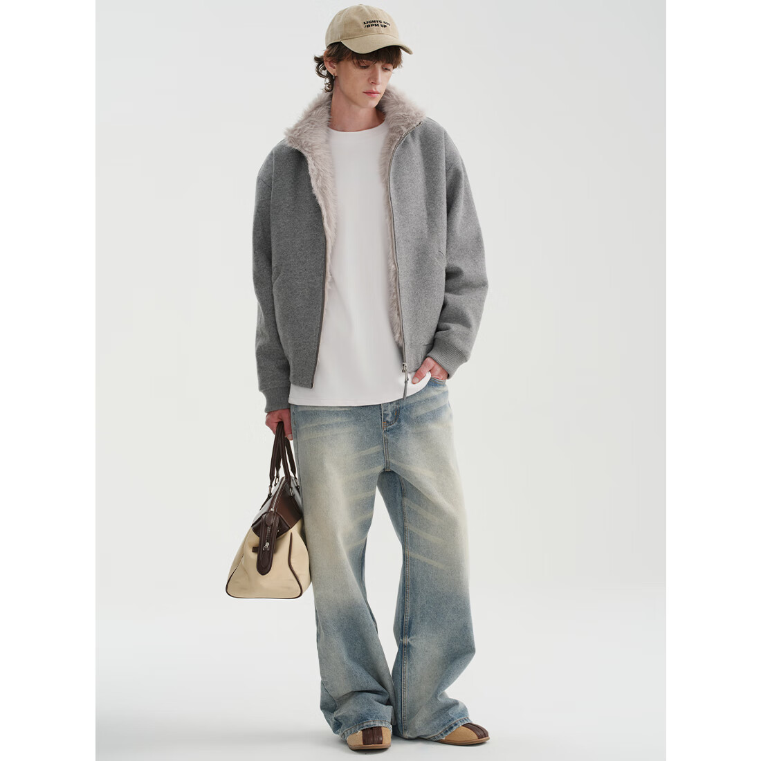 MIDASHAND2025新款座山雕棉服50羊毛仿狐狸毛双面穿内里拼毛立领夹克外套 黑色 L (身高175-180cm)