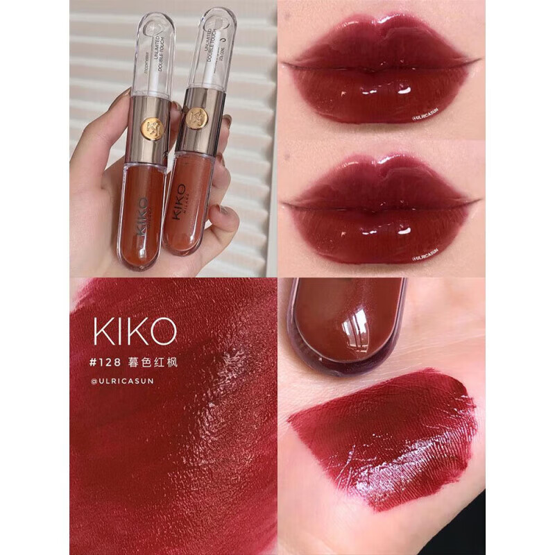 KIKO双头唇蜜唇釉103口红水光镜面雨衣透明裸色玻璃唇彩女133奶茶 双头唇釉128#暮色红枫
