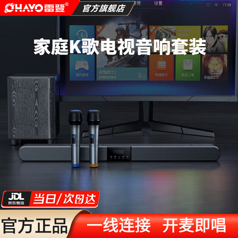 雷登（OHAYO） H10家庭ktv音响套装5.1环绕音回音壁客厅投影仪电视家庭影院K歌唱歌卡拉OK设备长条蓝牙音箱 【影院+K歌】+低音炮+双话筒【当/次日达】