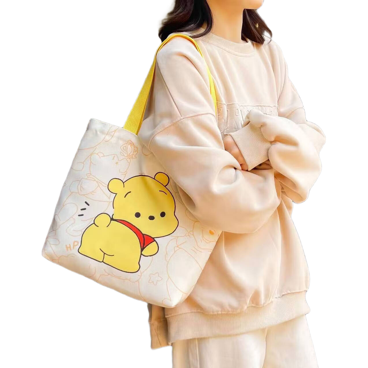 高颜值卡通可爱草莓熊迪士尼帆布包学生书包肩包包无拉链购物袋女 维尼熊-27*30cm【加宽加大】