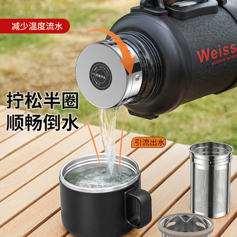 唯水大保温杯1500-2000ml保温壶大容量户外水壶316不锈钢清水保温壶 黑1.6L【316不锈钢】3斤水