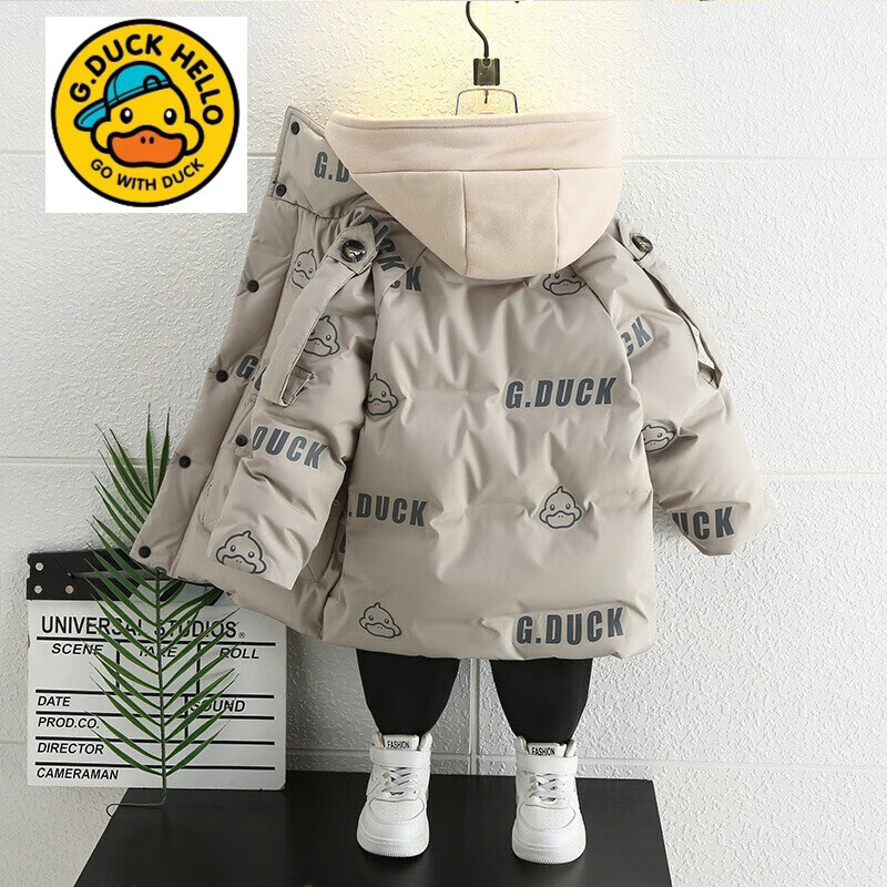 G.duck小黄鸭男童羽绒服2025新款儿童连帽假两件冬装宝宝潮牌白鸭 黑色 杏色 90 cm