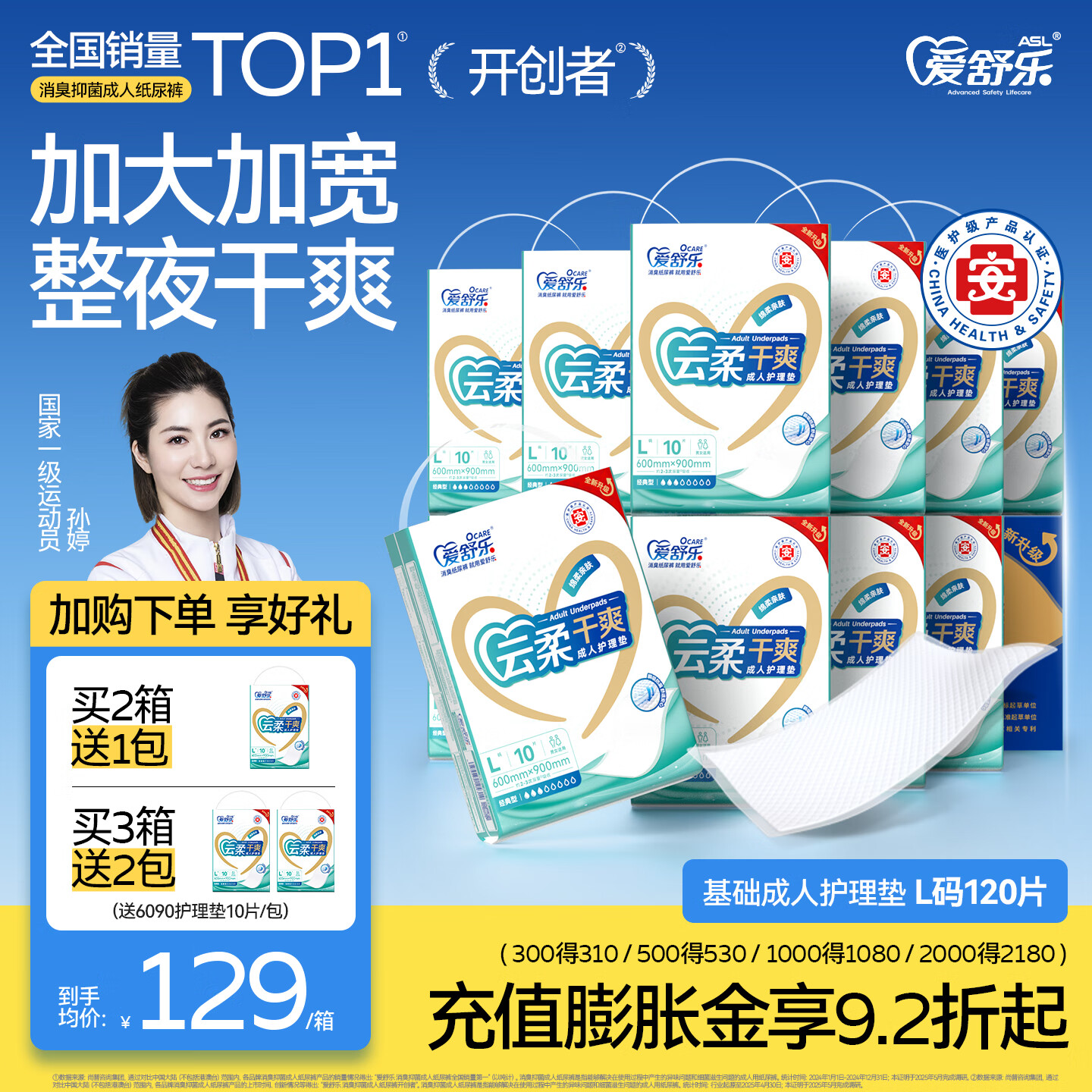 爱舒乐多功能成人护理垫 隔尿防漏 云柔干爽 失禁老人孕产妇一次性床垫 【60*90cm】L码120片