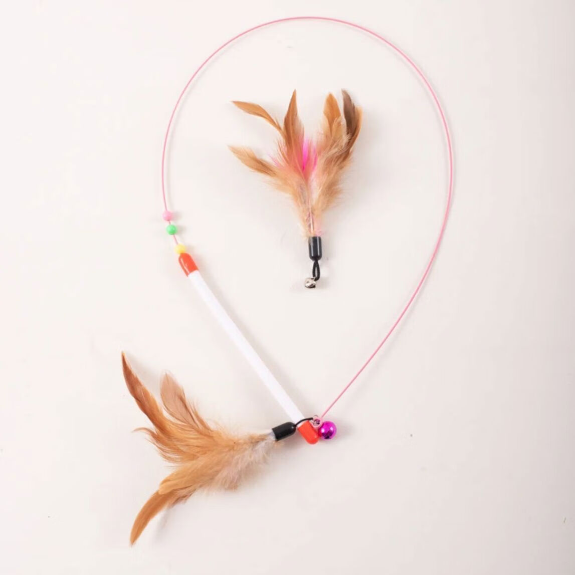 逗猫棒长杆猫猫玩具钢丝彩色羽毛带铃铛耐用0到3个月互动小猫玩具 钢丝逗猫棒+额外替换头*2