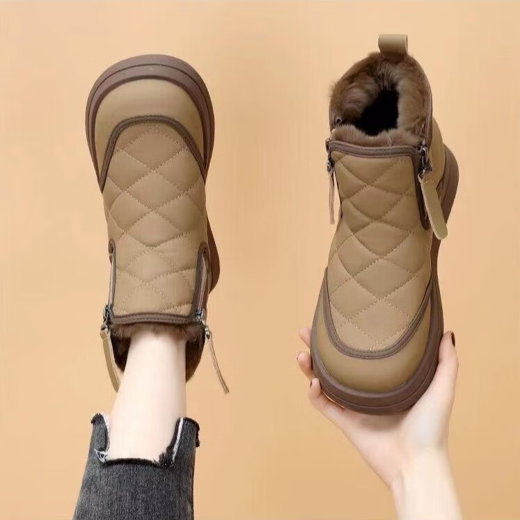 2025冬季新款爆款雪地靴女加绒加厚双拉链女保暖防水防滑棉鞋 卡其色【加绒加厚】 37 【标准运动鞋尺码不合适包退换】