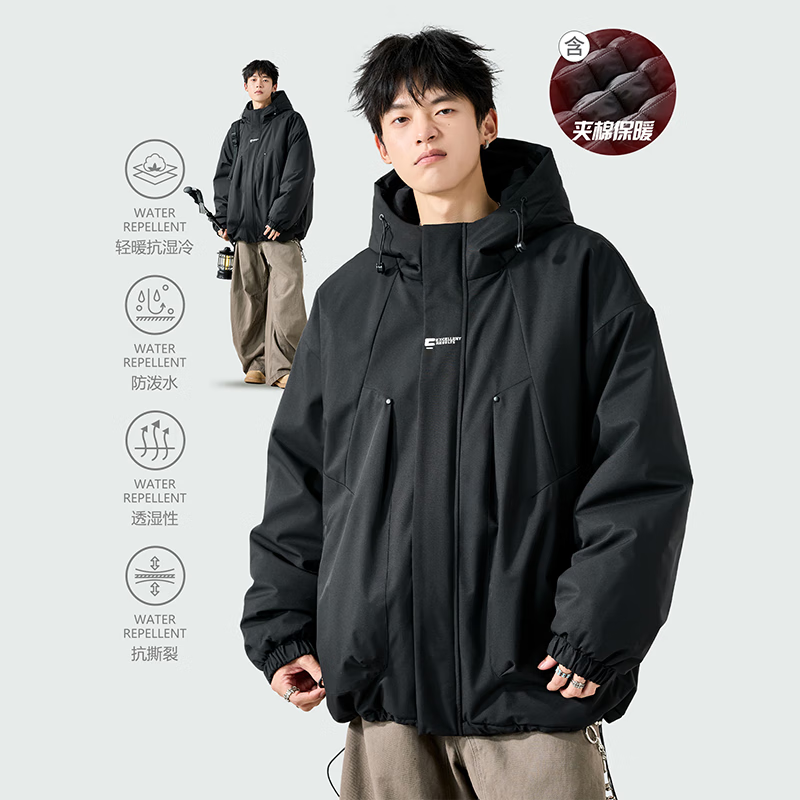 JEEP SPIRIT吉普棉服男女款冬季日系潮牌户外工装冲锋衣防风防水加厚连帽外套 象牙白 XL