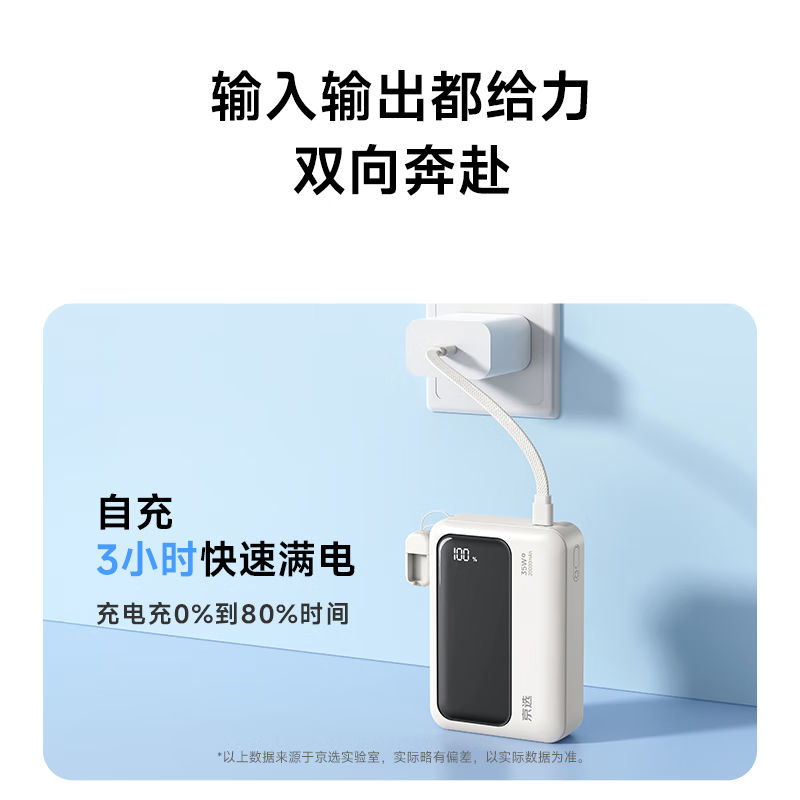 京选京东自有品牌3c认证可上飞机35W自带线充电宝白20000毫安台风应急纯钴电源适用苹果小米华为荣耀
