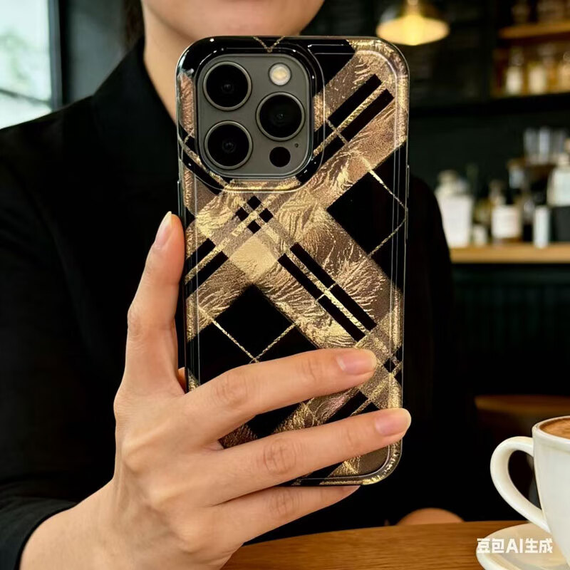 原创黑棱格苹果17Promax手机壳网红款17适用iPhone16女15保护套14 黑色菱格全包手机壳 iPhone7plus/8plus