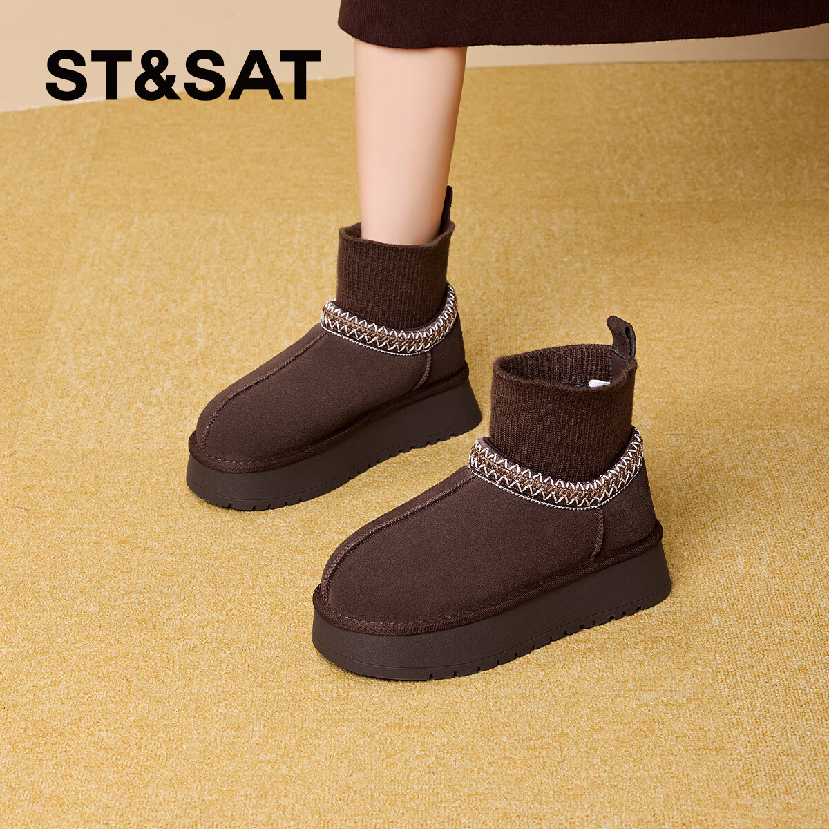 星期六真皮加绒雪地靴女款2025新款冬季厚底防滑短靴子加厚保暖雪地棉鞋 咖啡色 【加绒加厚】跟高4.5cm 36
