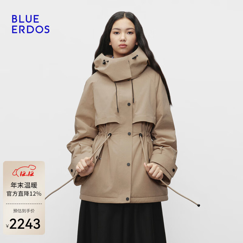 BLUE ERDOS羽绒服女25秋冬新品工装风收腰连帽90鹅绒羽绒保暖外套B256JG701 驼 M (165)