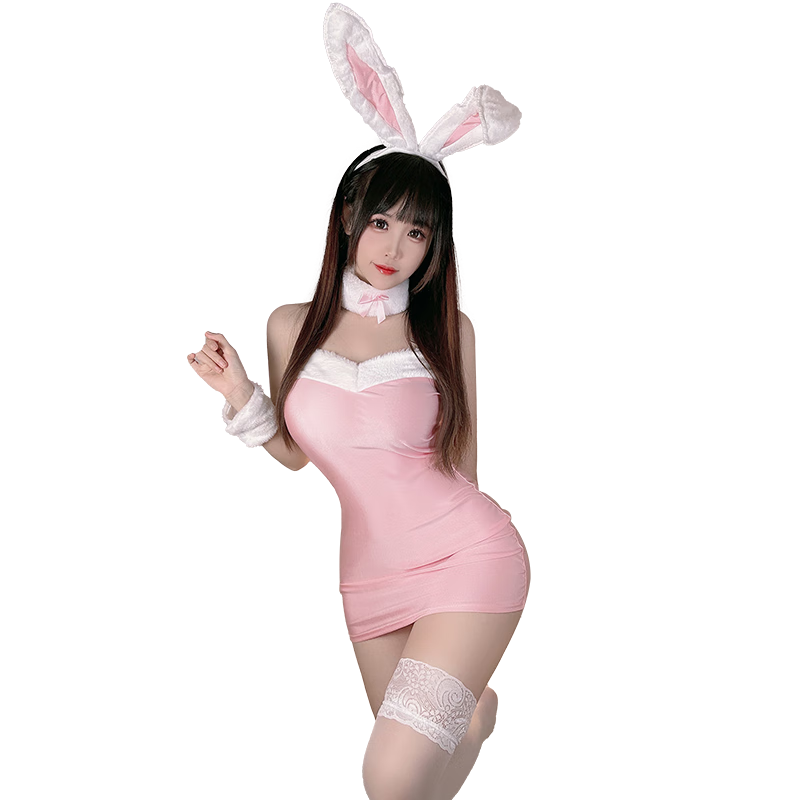 霏慕情趣兔女郎制服套装cos连体衣毛绒内衣女夫妻刺激性感诱惑睡衣 粉白【兔耳发箍+颈环+连衣裙+T裤+手环】 均码【建议体重80-120斤】