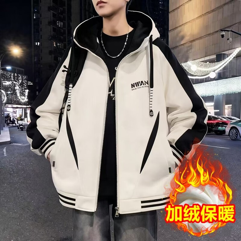 潮衫酷秋冬季加绒连帽棒球服外套男港风休闲加肥加大码宽松百搭加厚夹克 白色 加绒 M (建议85-100斤)