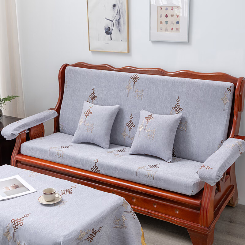 实木老式红木沙发垫带靠背连体加厚四季防滑春秋椅高密度海绵坐垫 吉祥如意灰 扶手6片