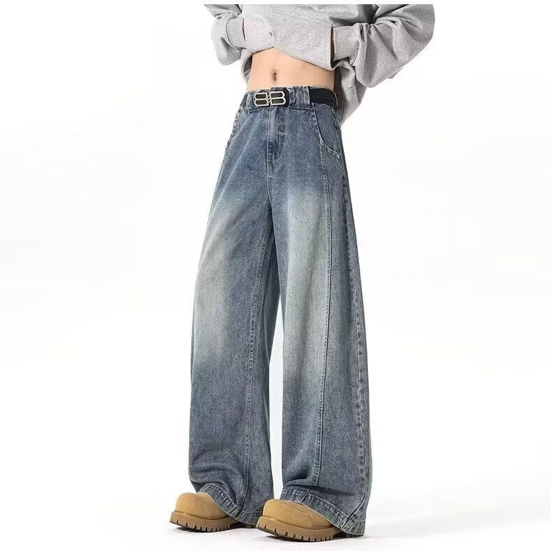 东馨鸟牛仔裤新款美式弯刀复古高街显瘦宽松休闲水洗阔腿直筒坠感长裤子 浅蓝色-弯刀/显瘦[品质甄选] 3XL160-175斤-详细问客服 均码