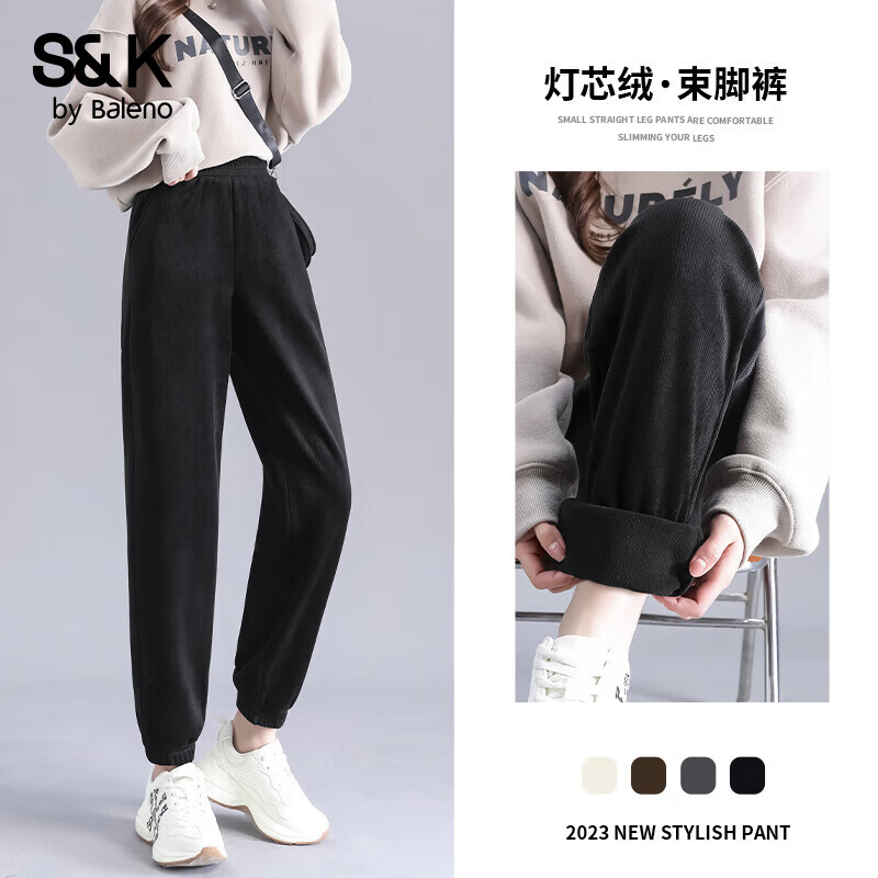 班尼路（Baleno）S&amp;K系列加绒保暖灯芯绒收脚裤女2026年女装秋冬新款潮流休闲裤子 黑#纯色 【灯芯绒束脚裤】 L