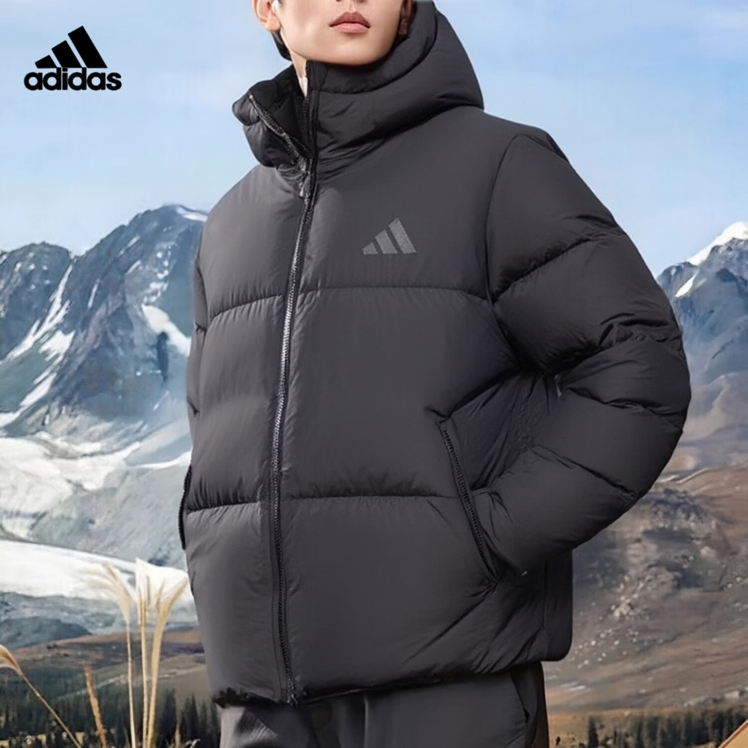 阿迪达斯（adidas）羽绒服男 冬季新款暖芯防风加厚保暖600蓬80鸭绒短款连帽羽绒夹克 JV6187  黑色/高充绒 L
