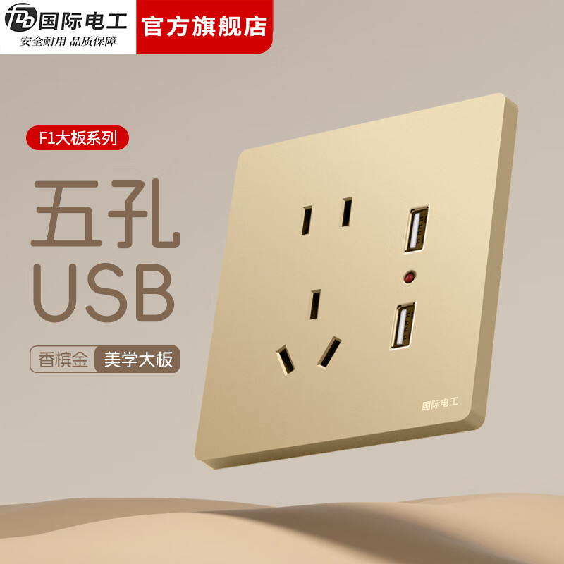 国际电工(FDD)86型开关插座面板暗装五孔USB家用墙壁一开双控香槟色电源插座 五孔USB 1.5A