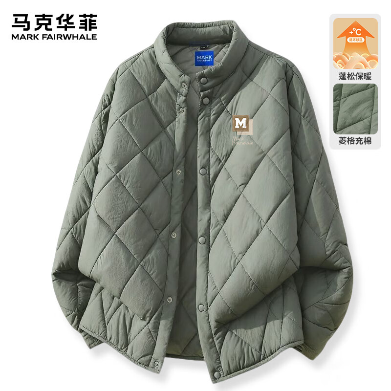 马克华菲（MARK FAIRWHALE）秋冬季菱形格立领棉服男宽松舒适轻盈保暖潮流百搭款上衣夹克外套 【立领棉服】-灰绿#JMK艺术框框 L