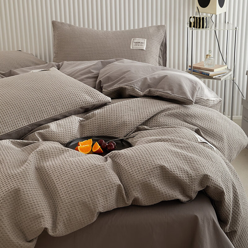 夫格纯色床上四件套南通夏季水洗棉床单被套男 华夫格-月灰【水洗棉】
