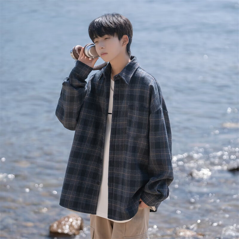 潮衫酷毛呢格子衬衫外套男春秋季潮流宽松大码百搭日系休闲帅气长袖衬衣 深灰色 厚款 M (建议90-105斤)