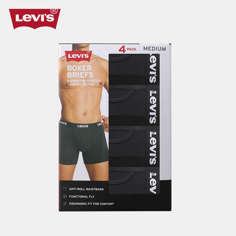 李维斯（Levi's）男士内裤平角高端中腰四角短裤加长运动休闲款透气防摩擦棉质4条 黑色 4条 S 170/76A