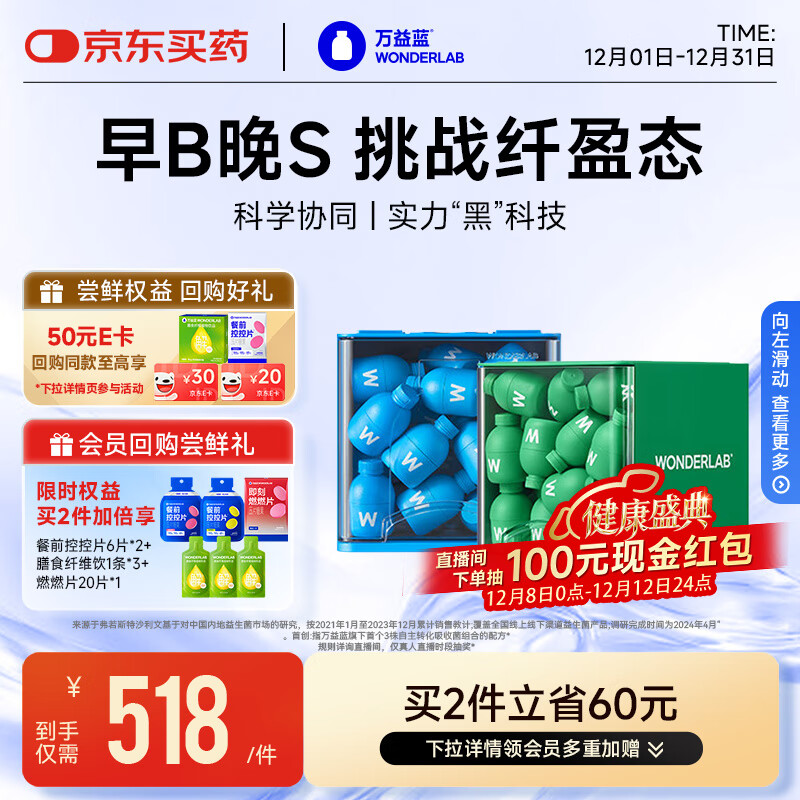 万益蓝WonderLab 早B晚S组合30瓶+30瓶 B420益生菌S100益生元棕色脂肪