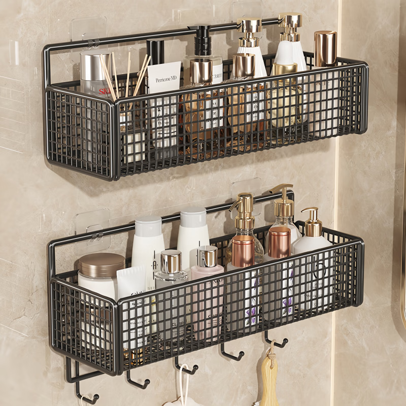 馨婺家卫生间置物架浴室厕所壁挂收纳架子阳台洗手间挂墙架洗漱台免打孔 黑色-中号【加粗网格】