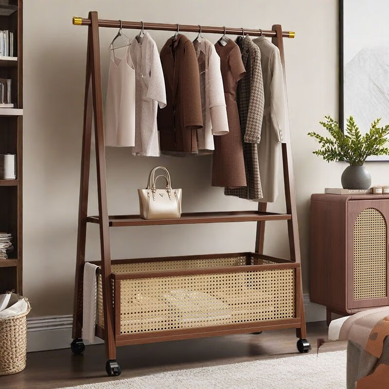 欣慕雅衣架落地立式衣帽架卧室简易移动家用衣服挂衣架多功能收纳置物架 中古茶-60cm长无轮-塑藤款升级铜套挂耳