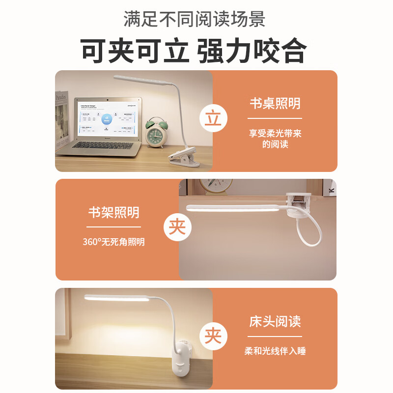 亿苔台灯护眼学习专用卧室床头灯夹式阅读写作业充电床头工作灯 升级款加长加亮灯头【8600 充插两用】+充电线