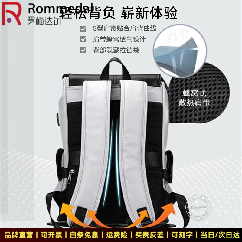 罗梅达尔(Rommedal)新款品牌高档双肩包男户外通勤背包时尚大容量学生书包男包双肩包 白色拉链款【京仓次日达】【高46*底长32*宽16CM】