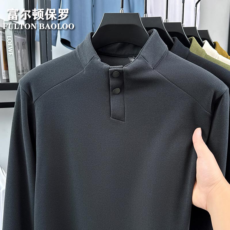 FULTON BAOLOO 富尔顿保罗男士德绒长袖t恤秋冬季保暖纯色打底衫中青年半高领百搭体恤衫潮 灰色 M （建议100到120斤穿）