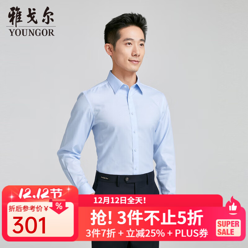 雅戈尔（YOUNGOR）长袖衬衫男素色DP免烫衬衫纯棉面料抗皱舒适易打理商场同款 蓝色素色YLDP120667HJY 40