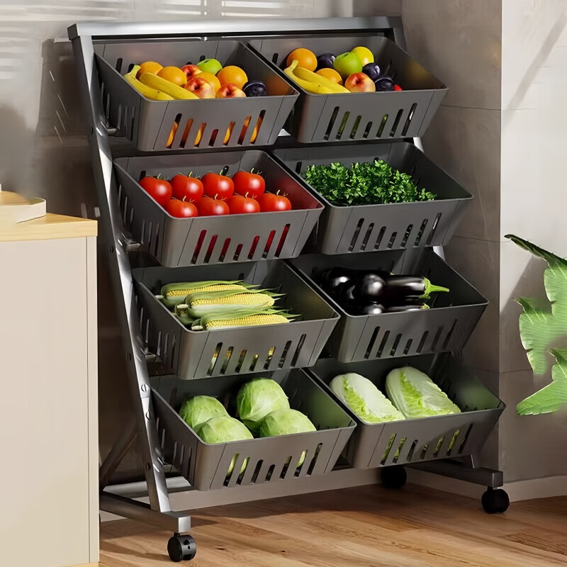 馨婺家果蔬置物架厨房客厅落地多层可移动收纳架子放水果蔬菜篮子收纳筐 黑色-三层【单排款】3篮