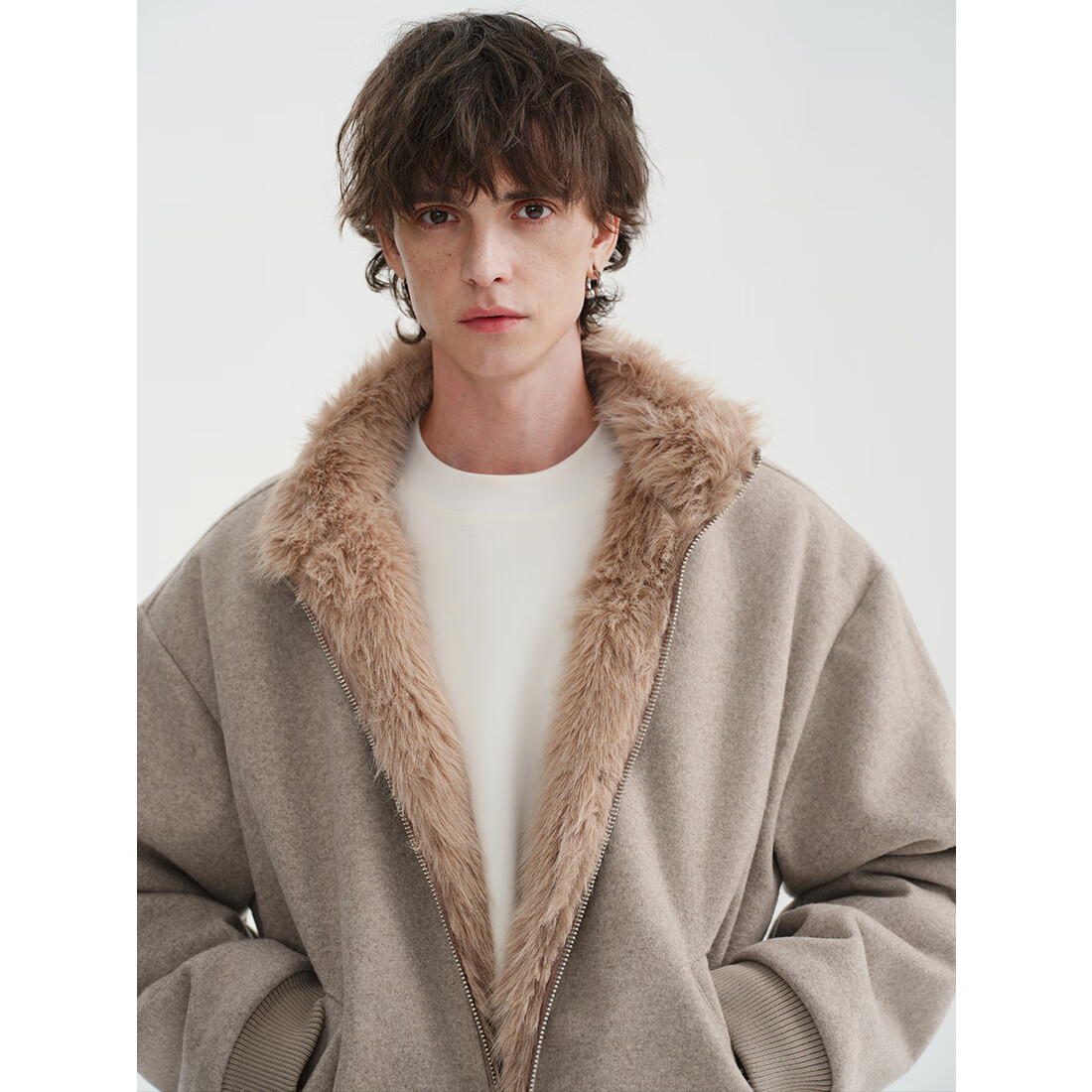 MIDASHAND2025新款座山雕棉服50羊毛仿狐狸毛双面穿内里拼毛立领夹克外套 黑色 L (身高175-180cm)