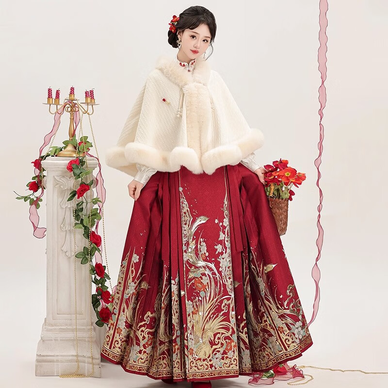 卡辑祥瑞汉服女新中式新款红色织金马面裙套装订婚新娘敬酒服婚服 斗篷+白色衬衣+酒红色妆花马面裙+项链+背云 L