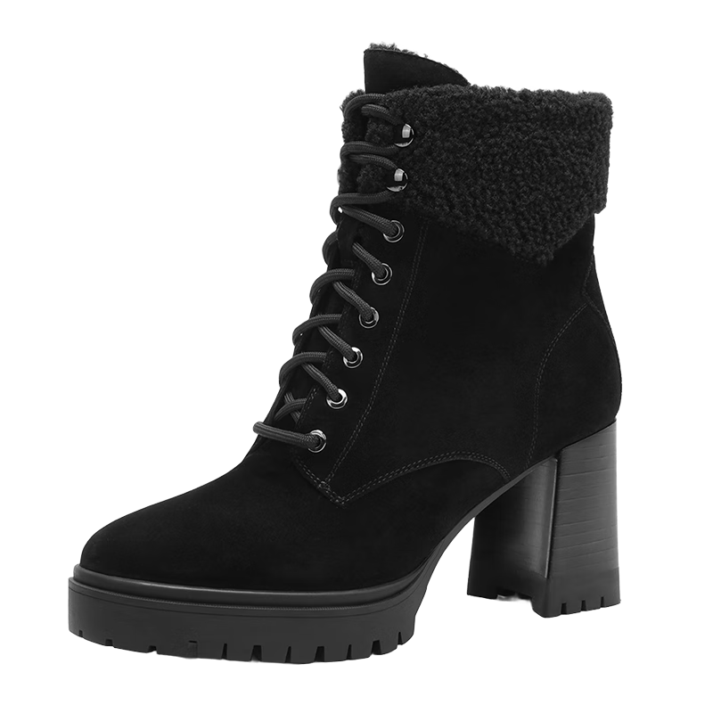 哈森舒適絨里保暖雪地靴女2025冬季新款粗高跟時裝靴HA257117 黑色 加絨 羊反絨面革/人造毛/灰色短絨毛 34