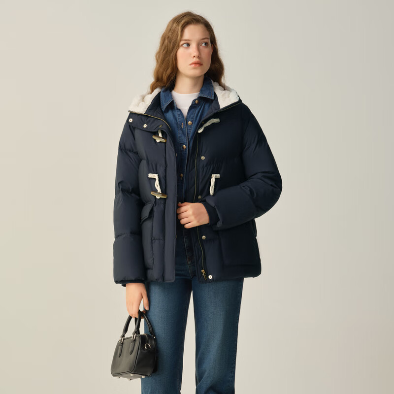 ELAND衣恋羽绒服女时尚带帽长袖鸭绒外套2025冬季新款 藏青色(59)Navy M /165