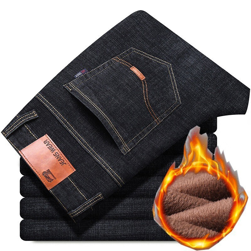 柯诗曼弹力秋冬加绒加厚男士牛仔裤冬季保暖长裤宽松直筒休闲裤子男款 蓝色【8010绒】 40 (推荐180-200斤)