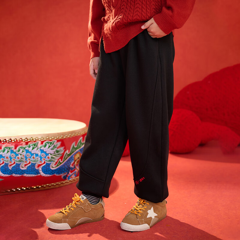 棉花堂（cottontown）【新年】棉花堂男童加绒裤子2026马年运动裤儿童拜年服加厚长裤女 黑色 90 90/50