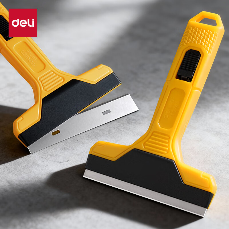 得力（deli）清洁铲刀美工刀开荒保洁工具套装玻璃美缝剂刮污刀瓷砖除胶铲子145mm TD740黄