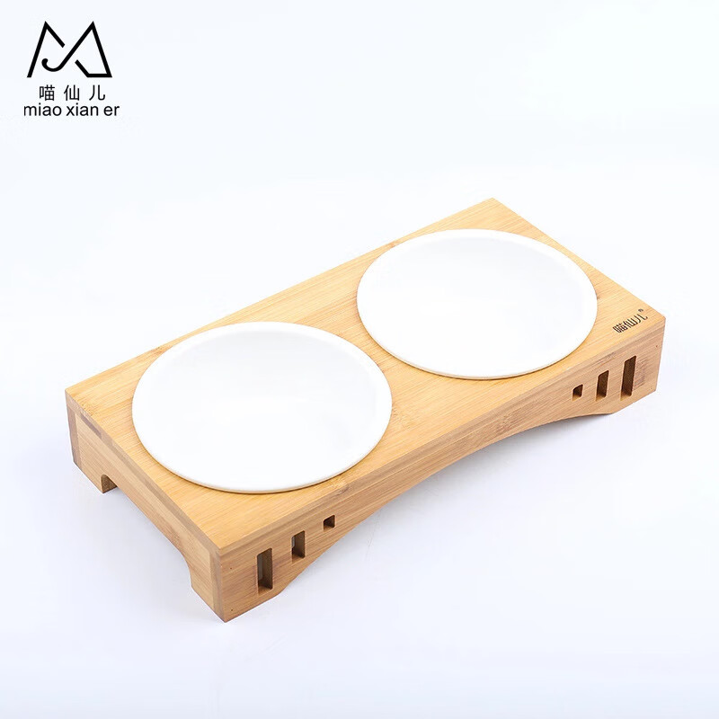 喵仙儿猫碗狗碗陶瓷木质架高脚不锈钢碗猫餐桌猫用品宠物店宠物碗 双碗瓷碗