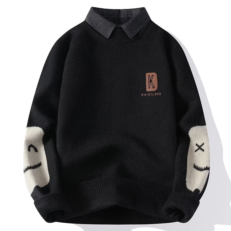 冬季假两件毛衣男加厚衬衫领毛线衣潮流帅气青年百搭保暖针织衫潮 9620卡其 均码 4XL建议165180斤