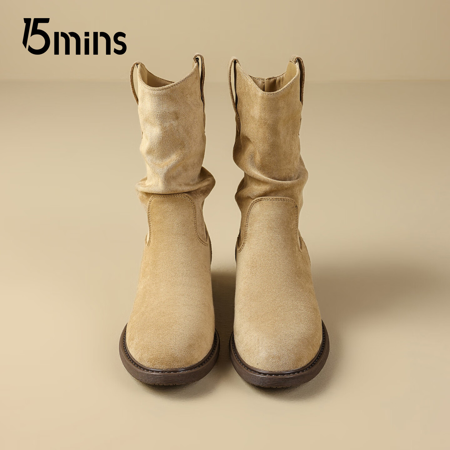 15MINS时装靴女2026冬新款短靴女复古简约厚底增高显瘦显腿长堆堆靴女鞋 D2575BQ5杏色 37