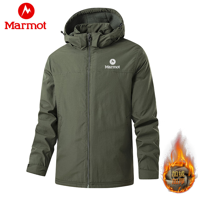 土拨鼠（Marmot）冲锋衣男士户外登山外套春秋冬季防风防水运动休闲连帽夹克 军绿色-加绒 4XL