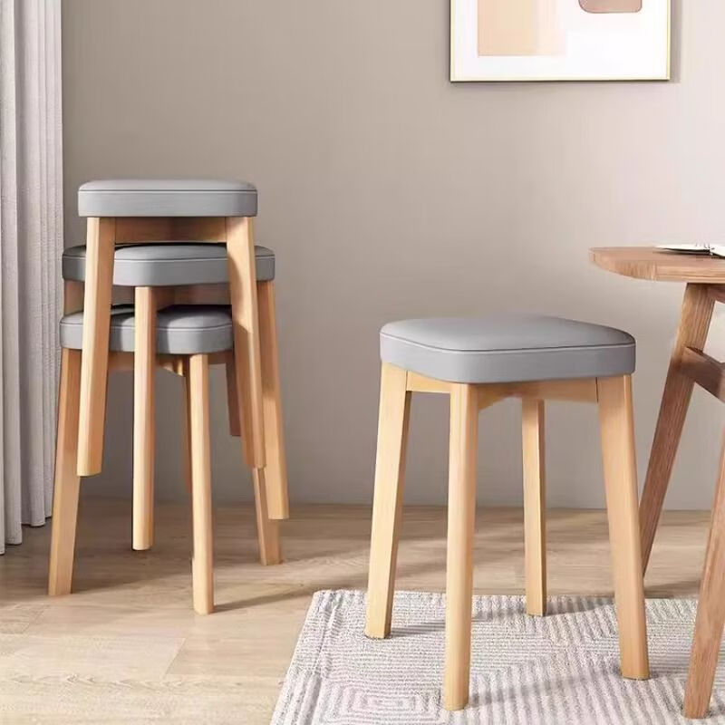 欣慕雅实木凳子家用软包叠放客厅方凳餐桌简约矮凳简约板凳餐椅化妆椅子 【平面软包】原木色+灰色-油蜡皮【榉木腿】