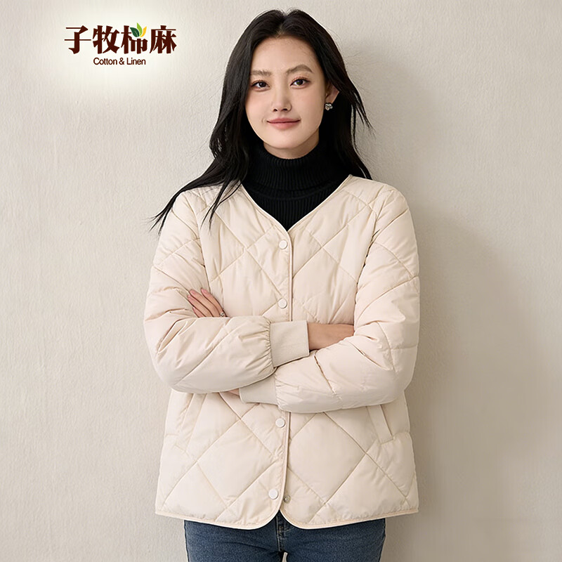 子牧棉麻冬装 女韩系温柔风棉衣菱格棉服韩版宽松外套0902 米白色 M (建议90-105斤)