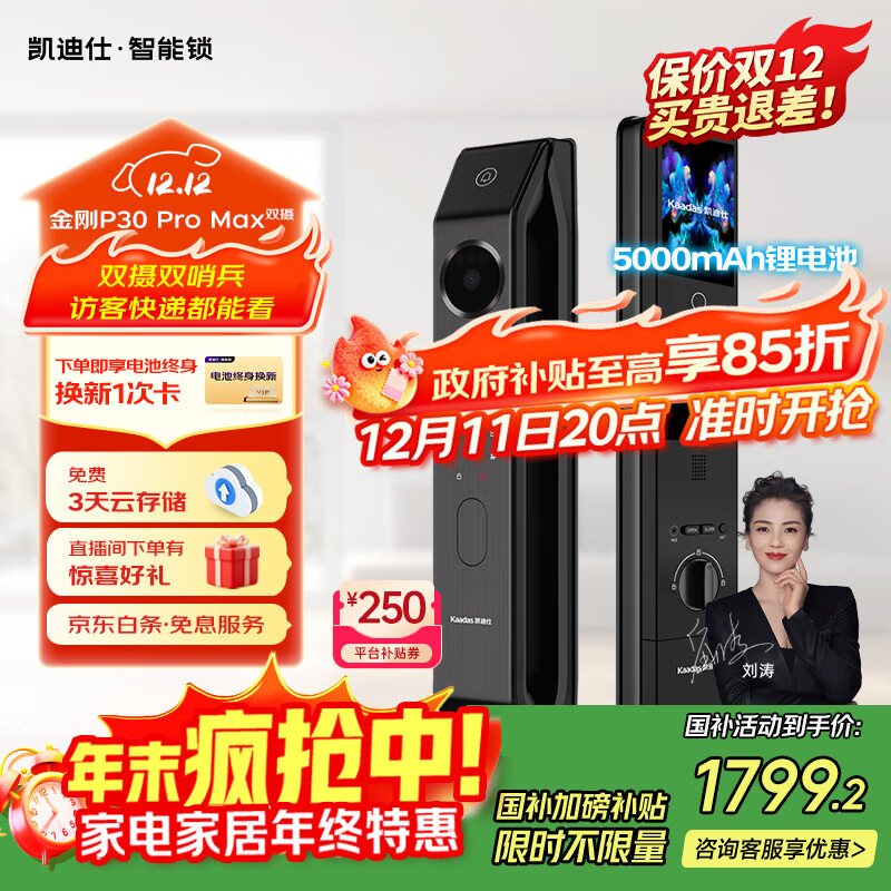 凯迪仕（kaadas）智能门锁 双摄人脸识别可视猫眼大屏指纹锁 金刚P30 Pro Max双摄