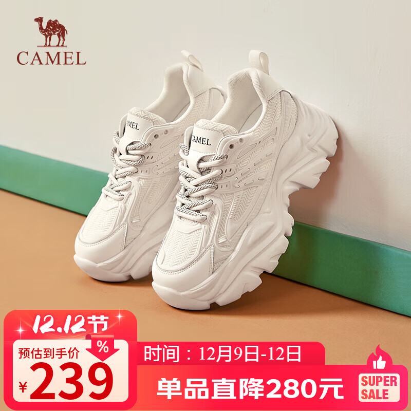 骆驼（CAMEL）老爹鞋女潮酷网布皮面拼接双系带厚底休闲鞋 L24S283079 米白 38